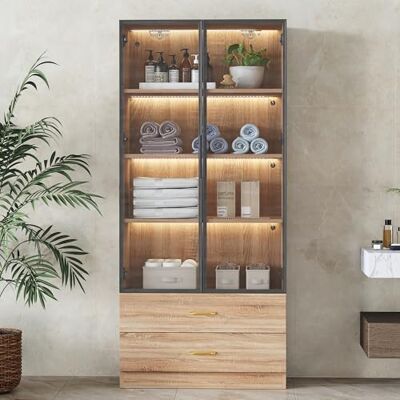 Merax Vitrine de rangement pour salon, salle de bain avec LED, 75 cm de large, 2 tiroirs, 2 portes, porte en verre, design moderne pour salle de bain, bureau, couloir Couleur bois - Publicité Merax Vitrine de rangement pour salon, salle de bain avec LED, 75 cm de large, 2 tiroirs, 2 portes, porte en verre, design moderne pour salle de bain, bureau, couloir Couleur bois - Publicité