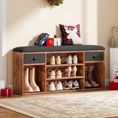 YITAHOME Banc à Chaussures, Banc de Rangement, avec 2 Tiroir et 5 Compartiments, Étagère à Chaussures, Siège Rembourré, Couloir, Entrée, Chambre, 30 x 105 x 50 cm, Marron Rustique et Noir - Publicité YITAHOME Banc à Chaussures, Banc de Rangement, avec 2 Tiroir et 5 Compartiments, Étagère à Chaussures, Siège Rembourré, Couloir, Entrée, Chambre, 30 x 105 x 50 cm, Marron Rustique et Noir - Publicité