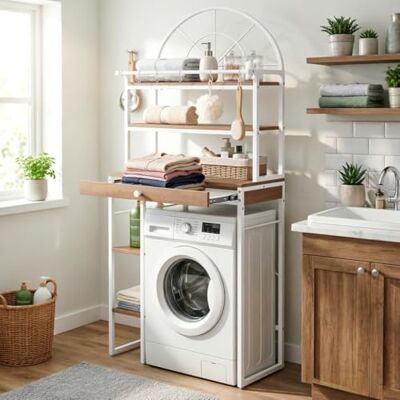 YITAHOME Étagère de Rangement à Placer au-Dessus de la Machine à Laver ou des Toilettes, avec 3 étagères, Design arqué, Structure en métal et Bois avec tiroir, 86 x 200 x 40 cm, Blanche - Publicité YITAHOME Étagère de Rangement à Placer au-Dessus de la Machine à Laver ou des Toilettes, avec 3 étagères, Design arqué, Structure en métal et Bois avec tiroir, 86 x 200 x 40 cm, Blanche - Publicité