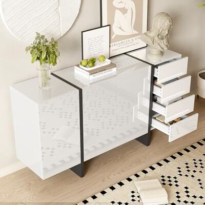 Merax Buffet brillant 150 x 40 x 80,5 cm, avec 3 portes et 4 tiroirs, buffet moderne avec accents noirs, surface facile d'entretien, charnières à fermeture douce, pour salon, salle à manger, blanc - Publicité Merax Buffet brillant 150 x 40 x 80,5 cm, avec 3 portes et 4 tiroirs, buffet moderne avec accents noirs, surface facile d'entretien, charnières à fermeture douce, pour salon, salle à manger, blanc - Publicité