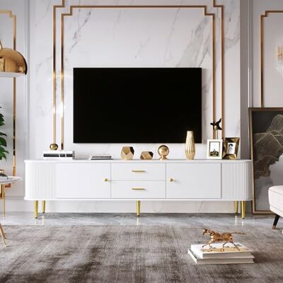 BTM Meuble TV 170, Meuble TV Blanc avec 2 Tiroirs et 2 Portes, Coin Arrondi, Salon, MDF, 170x34x45cm - Publicité BTM Meuble TV 170, Meuble TV Blanc avec 2 Tiroirs et 2 Portes, Coin Arrondi, Salon, MDF, 170x34x45cm - Publicité