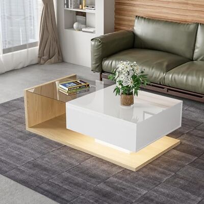 Merax Table de Salon LED avec Tiroirs et Espace de Rangement, Table Moderne Brillante 105 x 55 x 32,5 cm, Couleur Bois - Publicité Merax Table de Salon LED avec Tiroirs et Espace de Rangement, Table Moderne Brillante 105 x 55 x 32,5 cm, Couleur Bois - Publicité