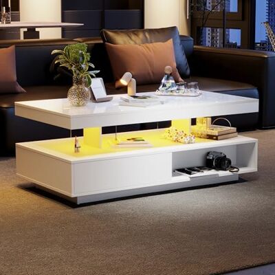 Merax Table basse blanche brillante avec LED, 95 x 50 x 42,5 cm, avec 4 inserts en verre, 2 tiroirs et 2 compartiments ouverts, design moderne pour salon, sous-armoire, table basse élégante - Publicité Merax Table basse blanche brillante avec LED, 95 x 50 x 42,5 cm, avec 4 inserts en verre, 2 tiroirs et 2 compartiments ouverts, design moderne pour salon, sous-armoire, table basse élégante - Publicité