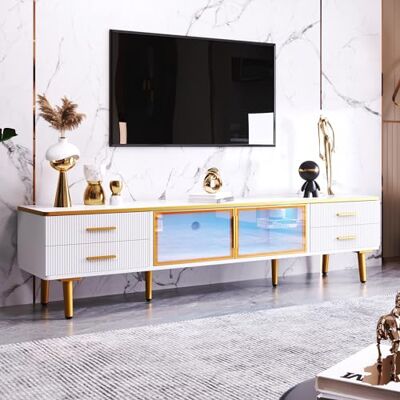 BTM Meuble TV Blanc Aspect Marbre avec LED, Meuble Tele avec poignées dorées et Deux Portes Marron en Verre trempé, pour Salon 170 x37x47.5cm - Publicité BTM Meuble TV Blanc Aspect Marbre avec LED, Meuble Tele avec poignées dorées et Deux Portes Marron en Verre trempé, pour Salon 170 x37x47.5cm - Publicité
