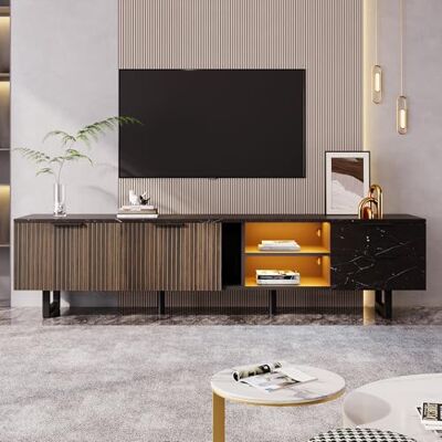 BTM Meuble TV avec Eclairage LED Réglable, Meuble Télé avec Aspect Marbre, Meuble TV 200cm avec 2 Tiroirs, 2 Portes et Compartements, Porte en Imitation Bois Foncé, 200x38x50cm, Noir et Marron - Publicité BTM Meuble TV avec Eclairage LED Réglable, Meuble Télé avec Aspect Marbre, Meuble TV 200cm avec 2 Tiroirs, 2 Portes et Compartements, Porte en Imitation Bois Foncé, 200x38x50cm, Noir et Marron - Publicité