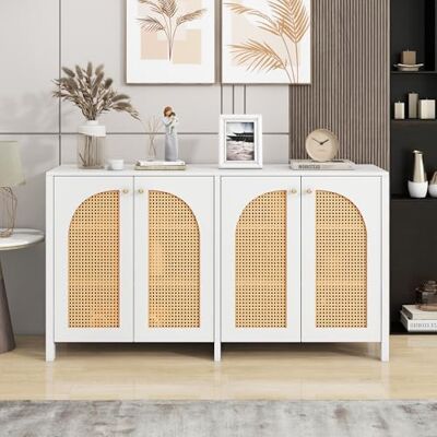 Merax Buffet moderne et polyvalent avec 4 portes en rotin et poignées en métal, pour salle à manger, salon et cuisine, couleur blanc - Publicité Merax Buffet moderne et polyvalent avec 4 portes en rotin et poignées en métal, pour salle à manger, salon et cuisine, couleur blanc - Publicité