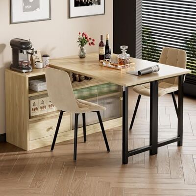 Merax Table à manger pliante extensible avec espace de rangement, rotation à 360 °, table à manger pliable avec porte coulissante en verre, buffet et tiroirs Naturel + noir - Publicité Merax Table à manger pliante extensible avec espace de rangement, rotation à 360 °, table à manger pliable avec porte coulissante en verre, buffet et tiroirs Naturel + noir - Publicité