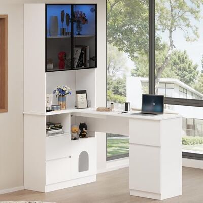 Merax Bureau d'angle avec étagère et vitrine LED, bureau d'ordinateur avec passage de câble, 3 tiroirs, 2 portes et compartiments ouverts, bibliothèque intégrée et compartiment pour animaux de - Publicité Merax Bureau d'angle avec étagère et vitrine LED, bureau d'ordinateur avec passage de câble, 3 tiroirs, 2 portes et compartiments ouverts, bibliothèque intégrée et compartiment pour animaux de - Publicité