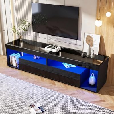 Merax Meuble TV avec éclairage LED Élégant Noir brillant Pour TV de 70" Support TV avec 2 tiroirs Plateau en verre Meuble TV pour salon, chambre à coucher - Publicité Merax Meuble TV avec éclairage LED Élégant Noir brillant Pour TV de 70" Support TV avec 2 tiroirs Plateau en verre Meuble TV pour salon, chambre à coucher - Publicité