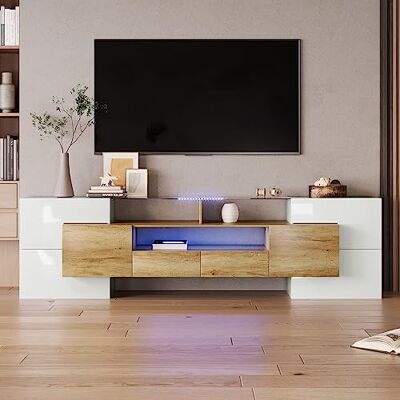 Merax Meuble TV bas de 200 cm Blanc brillant Avec éclairage LED et surface en verre élégante 200 x 30 x 60,7 cm Blanc + couleur bois - Publicité Merax Meuble TV bas de 200 cm Blanc brillant Avec éclairage LED et surface en verre élégante 200 x 30 x 60,7 cm Blanc + couleur bois - Publicité