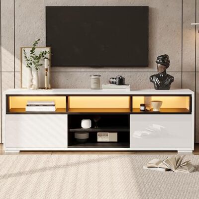 BTM Meuble TV Brillant LED avec 2 Portes et 8 rangements pour Petit logement - Publicité BTM Meuble TV Brillant LED avec 2 Portes et 8 rangements pour Petit logement - Publicité
