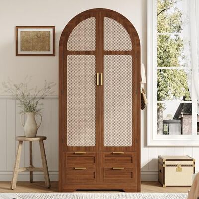 Merax Armoire moderne 80 x 50 x 179 cm, avec portes incurvées en rotin, tringle à vêtements et tiroirs, grand espace de rangement, armoire pour chambre à coucher et entrée, couleur bois foncé - Publicité Merax Armoire moderne 80 x 50 x 179 cm, avec portes incurvées en rotin, tringle à vêtements et tiroirs, grand espace de rangement, armoire pour chambre à coucher et entrée, couleur bois foncé - Publicité
