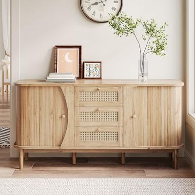 BTM Sideboard Rattan Portes Coulissantes, Étagères Réglables Plateau Arrondi - Publicité BTM Sideboard Rattan Portes Coulissantes, Étagères Réglables Plateau Arrondi - Publicité