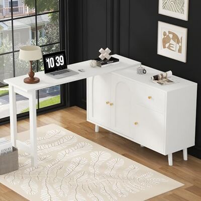 Merax Bureau et buffet 2 en 1 pivotant à 360 ° avec 3 portes et 1 tiroir Élégante coiffeuse d'angle pour bureau à domicile, salon et bureau Blanc - Publicité Merax Bureau et buffet 2 en 1 pivotant à 360 ° avec 3 portes et 1 tiroir Élégante coiffeuse d'angle pour bureau à domicile, salon et bureau Blanc - Publicité