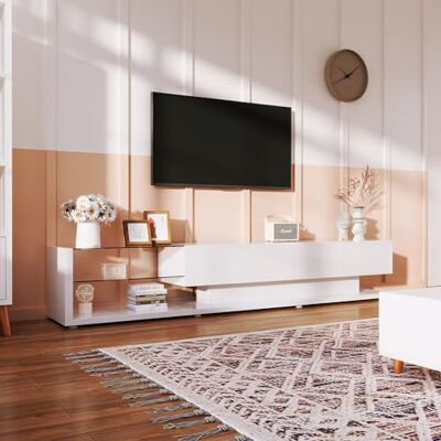 Merax Meuble TV bas avec éclairage LED Blanc brillant Meuble TV moderne avec support en verre et 2 grands tiroirs Pour salon, salle à manger Blanc 170 x 36 x 38 cm - Publicité Merax Meuble TV bas avec éclairage LED Blanc brillant Meuble TV moderne avec support en verre et 2 grands tiroirs Pour salon, salle à manger Blanc 170 x 36 x 38 cm - Publicité
