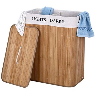 BAKAJI Panier à linge sale à double compartiment à linge 2 espaces en bambou et tissu capacité 100 l 52 x 32 x 63 cm - Publicité BAKAJI Panier à linge sale à double compartiment à linge 2 espaces en bambou et tissu capacité 100 l 52 x 32 x 63 cm - Publicité