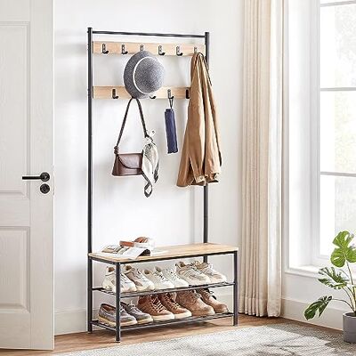 ACAZA Meuble d’Entrée Porte-Manteau 3-en-1 – Vestiaire avec Banc et Étagère à Chaussures – Structure en Métal et Bois, 85 x 32 x 175cm, Chêne Clair - Publicité ACAZA Meuble d’Entrée Porte-Manteau 3-en-1 – Vestiaire avec Banc et Étagère à Chaussures – Structure en Métal et Bois, 85 x 32 x 175cm, Chêne Clair - Publicité