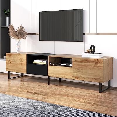 Merax Meuble TV bas avec tiroirs, meuble TV moderne avec espace de rangement, table TV pour salon et salle à manger, couleur bois et noir, 190 x 38 x 48 cm - Publicité Merax Meuble TV bas avec tiroirs, meuble TV moderne avec espace de rangement, table TV pour salon et salle à manger, couleur bois et noir, 190 x 38 x 48 cm - Publicité