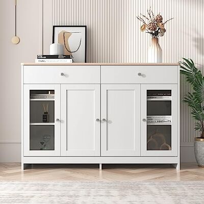 BTM Buffet en Bois Blanc, Quatre Portes avec Deux tiroirs, Portes en Verre. Salon, Salle à Manger. Couleur Bois et Blanc, 37x120x80cm - Publicité BTM Buffet en Bois Blanc, Quatre Portes avec Deux tiroirs, Portes en Verre. Salon, Salle à Manger. Couleur Bois et Blanc, 37x120x80cm - Publicité