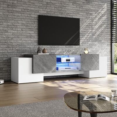 Merax meuble et tv bas avec éclairage LED Meuble TV moderne pour téléviseur de 60/65/70" Support avec 4 portes, étagères en verre, banc pour salon, chambre à coucher Blanc et gris - Publicité Merax meuble et tv bas avec éclairage LED Meuble TV moderne pour téléviseur de 60/65/70" Support avec 4 portes, étagères en verre, banc pour salon, chambre à coucher Blanc et gris - Publicité