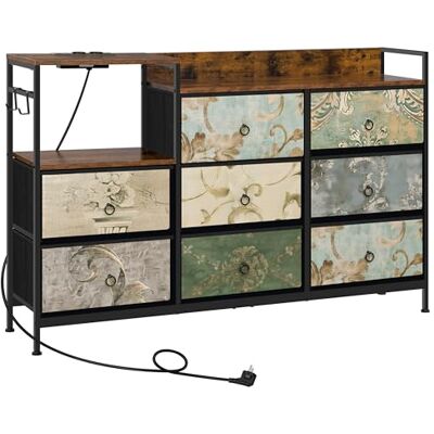 WOLTU Commode à 8 Tiroirs, Commode avec Station de Charge, Tiroirs en Tissu et Crochets, pour Salon, Chambre à Coucher, en Métal et Bois d'Ingénierie E1, Marron Rustique+Noir+Motif de Fleur Vintage - Publicité WOLTU Commode à 8 Tiroirs, Commode avec Station de Charge, Tiroirs en Tissu et Crochets, pour Salon, Chambre à Coucher, en Métal et Bois d'Ingénierie E1, Marron Rustique+Noir+Motif de Fleur Vintage - Publicité