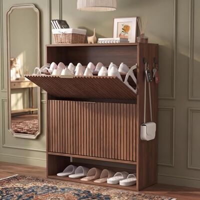 GarveeMore Meuble à Chaussures étroit avec façade rainurée – 2 tiroirs basculants, étagère Ouverte, Crochets latéraux – Rangement dissimulé Moderne pour entrée, Couloir ou Foyer – Noyer - Publicité GarveeMore Meuble à Chaussures étroit avec façade rainurée – 2 tiroirs basculants, étagère Ouverte, Crochets latéraux – Rangement dissimulé Moderne pour entrée, Couloir ou Foyer – Noyer - Publicité