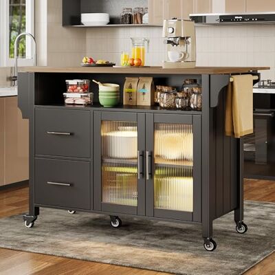 BTM Îlot de Cuisine avec séparateurs Amovibles, Chariot de Salle à Manger avec Plan de Travail, Meuble Buffet, avec vitrine en Verre Grain de Bois, LED, Porte-Serviettes latéral avec roulettes, Noir - Publicité BTM Îlot de Cuisine avec séparateurs Amovibles, Chariot de Salle à Manger avec Plan de Travail, Meuble Buffet, avec vitrine en Verre Grain de Bois, LED, Porte-Serviettes latéral avec roulettes, Noir - Publicité
