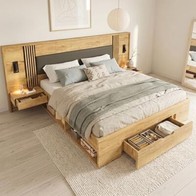 Merax Lit double 180 x 200 cm avec espace de rangement et 2 tables de chevet, lit en bois avec tête de lit rembourrée en polyuréthane et lampe de lecture, grand tiroir et compartiments ouverts, lit - Publicité Merax Lit double 180 x 200 cm avec espace de rangement et 2 tables de chevet, lit en bois avec tête de lit rembourrée en polyuréthane et lampe de lecture, grand tiroir et compartiments ouverts, lit - Publicité