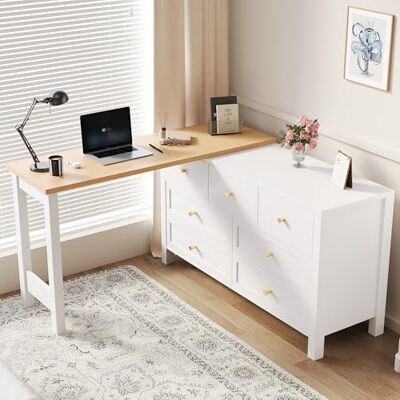 Merax Bureau avec 7 tiroirs, buffet et poste de travail 2 en 1, pivotant à 360°, bureau d'angle en forme de L ou coiffeuse, grand espace de rangement et design moderne, montage facile, blanc et - Publicité Merax Bureau avec 7 tiroirs, buffet et poste de travail 2 en 1, pivotant à 360°, bureau d'angle en forme de L ou coiffeuse, grand espace de rangement et design moderne, montage facile, blanc et - Publicité