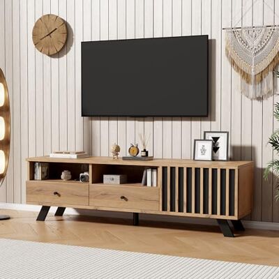 BTM 150x38x44cm Meuble TV, Petit Support TV, Lowboard avec 2 Tiroirs & 1 Armoire, 150cm Large, Adapté pour TV 60 Pouces, Salon en Couleur Bois - Publicité BTM 150x38x44cm Meuble TV, Petit Support TV, Lowboard avec 2 Tiroirs & 1 Armoire, 150cm Large, Adapté pour TV 60 Pouces, Salon en Couleur Bois - Publicité