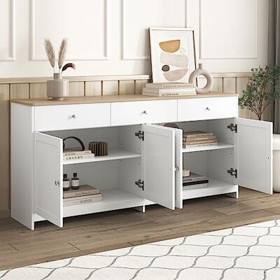 BTM Buffet, Panneaux latéraux en Bois Blanc, Quatre Portes avec Trois tiroirs, Meuble de Rangement Salon, Salle à Manger, Couleur Bois et Blanc, 160x37x75cm - Publicité BTM Buffet, Panneaux latéraux en Bois Blanc, Quatre Portes avec Trois tiroirs, Meuble de Rangement Salon, Salle à Manger, Couleur Bois et Blanc, 160x37x75cm - Publicité