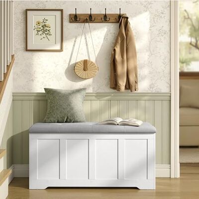 VASAGLE Coffre de Rangement avec Couvercle, 2 Charnières de Sécurité, Banc à Chaussures, Style Champêtre, pour Couloir, Chambre, Salon, 41 x 101 x 49 cm, Blanc Nuage et Gris Tourterelle LSB068W101 - Publicité VASAGLE Coffre de Rangement avec Couvercle, 2 Charnières de Sécurité, Banc à Chaussures, Style Champêtre, pour Couloir, Chambre, Salon, 41 x 101 x 49 cm, Blanc Nuage et Gris Tourterelle LSB068W101 - Publicité