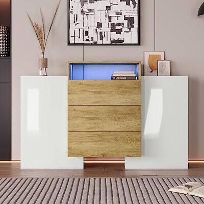 Merax Buffet LED 140 cm Brillant Commode moderne avec portes, tiroirs et étagères Solution de rangement élégante pour le salon (blanc et couleur bois) - Publicité Merax Buffet LED 140 cm Brillant Commode moderne avec portes, tiroirs et étagères Solution de rangement élégante pour le salon (blanc et couleur bois) - Publicité