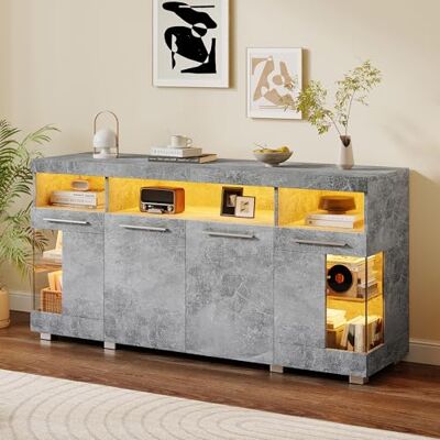 Merax Buffet avec éclairage LED, commode brillante meuble de rangement avec 4 portes et compartiments ouverts, placard multifonctionnel avec portes en verre, armoire de rangement pour salon, salle à - Publicité Merax Buffet avec éclairage LED, commode brillante meuble de rangement avec 4 portes et compartiments ouverts, placard multifonctionnel avec portes en verre, armoire de rangement pour salon, salle à - Publicité