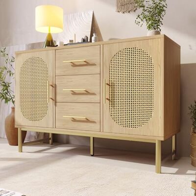 BTM Buffet en Rotin, Buffet Salon avec 3 Tiroir et 2 Portes, Meuble de Rangement pour Salon et Salle à Coucher, Poignées en Métal, Charge de 40kg, 120x40x74cm, Bois Naturel - Publicité BTM Buffet en Rotin, Buffet Salon avec 3 Tiroir et 2 Portes, Meuble de Rangement pour Salon et Salle à Coucher, Poignées en Métal, Charge de 40kg, 120x40x74cm, Bois Naturel - Publicité