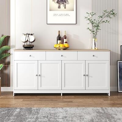 Merax Buffet avec Grain de Bois Blanc – 4 Portes, 3 tiroirs – Salon, Salle à Manger – Couleur Bois et Blanc - Publicité Merax Buffet avec Grain de Bois Blanc – 4 Portes, 3 tiroirs – Salon, Salle à Manger – Couleur Bois et Blanc - Publicité