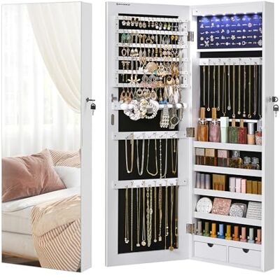 SONGMICS Armoire à Bijoux avec Miroir Long, Rangement Bijoux avec 6 Lampes LED, à Suspendre à la Porte ou à Fixer au Mur, Grande Capacité, 2 Tiroirs, Blanc JJC99WT - Publicité SONGMICS Armoire à Bijoux avec Miroir Long, Rangement Bijoux avec 6 Lampes LED, à Suspendre à la Porte ou à Fixer au Mur, Grande Capacité, 2 Tiroirs, Blanc JJC99WT - Publicité