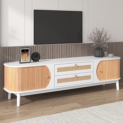 BTM Meuble TV Rustique, Banc TV avec côtés en rotin, Armoire TV avec Porte et tiroirs, pour Salon, Salle à Manger, Chambre, Rangement Pratique, Blancet Bois Naturel,170 x40x46 cm - Publicité BTM Meuble TV Rustique, Banc TV avec côtés en rotin, Armoire TV avec Porte et tiroirs, pour Salon, Salle à Manger, Chambre, Rangement Pratique, Blancet Bois Naturel,170 x40x46 cm - Publicité