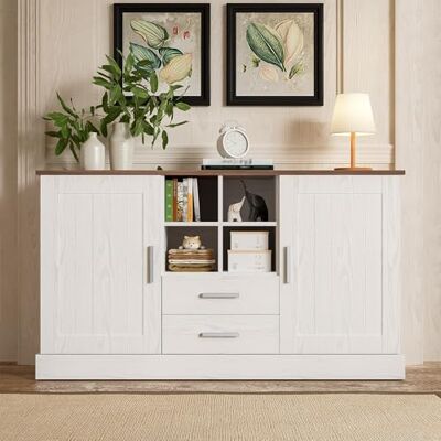 BTM Buffet 140cm, Armoire de Rangement avec 2 Tiroirs et Portes, Rangements Ouverts, Charge de 80kg, Style Moderne, Buffet de Salon, 140x40x79.5cm, Blanc - Publicité BTM Buffet 140cm, Armoire de Rangement avec 2 Tiroirs et Portes, Rangements Ouverts, Charge de 80kg, Style Moderne, Buffet de Salon, 140x40x79.5cm, Blanc - Publicité