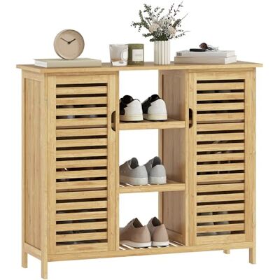 HOMCOM Rack à Chaussures avec 2 Portes à lamelles en Bambou Rack à Chaussures pour entrée avec étagères Ouvertes et Compartiments pour 9 Paires de Chaussures 100x33x86 cm Naturel - Publicité HOMCOM Rack à Chaussures avec 2 Portes à lamelles en Bambou Rack à Chaussures pour entrée avec étagères Ouvertes et Compartiments pour 9 Paires de Chaussures 100x33x86 cm Naturel - Publicité
