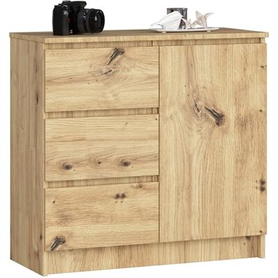 AKORD Kommode K-80 Jerry avec 3 Tiroirs Armoire avec 2 étagères et 1 Porte pour Le Salon Chambre à Coucher Moderne Plateau Laminé 16mm 80x77x35 cm Chêne Artisan + Façade Chêne Artisan - Publicité AKORD Kommode K-80 Jerry avec 3 Tiroirs Armoire avec 2 étagères et 1 Porte pour Le Salon Chambre à Coucher Moderne Plateau Laminé 16mm 80x77x35 cm Chêne Artisan + Façade Chêne Artisan - Publicité