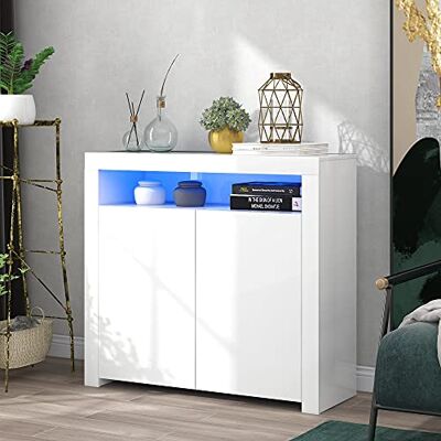 Merax Buffet LED Blanc brillant Armoire 2 portes + étagères Moderne Salle à manger, salon, cuisine 108 x 92 x 40 cm - Publicité Merax Buffet LED Blanc brillant Armoire 2 portes + étagères Moderne Salle à manger, salon, cuisine 108 x 92 x 40 cm - Publicité