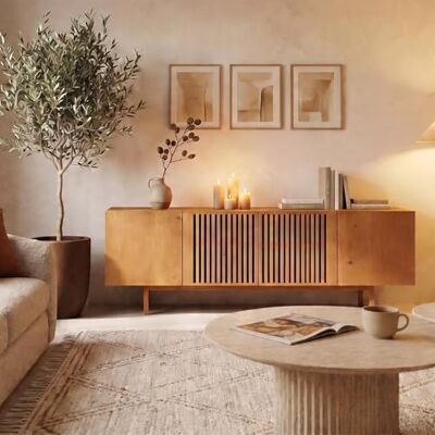 IDIMEX Meuble TV Linn L 180 cm en Bois Massif Coloris Chêne avec 4 Portes, Étagères Intérieures, Design Chaleureux à Lamelles, Meuble Télé avec Rangement Varié, Convient pour TV jusqu'à 203 cm (80") - Publicité IDIMEX Meuble TV Linn L 180 cm en Bois Massif Coloris Chêne avec 4 Portes, Étagères Intérieures, Design Chaleureux à Lamelles, Meuble Télé avec Rangement Varié, Convient pour TV jusqu'à 203 cm (80") - Publicité