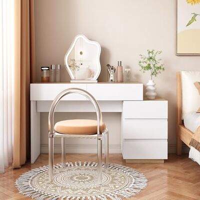 Merax Vanity Modern Table de toilette avec 5 tiroirs, pour chambre à coucher, couleur blanc et bois (sans miroir et tabouret) - Publicité Merax Vanity Modern Table de toilette avec 5 tiroirs, pour chambre à coucher, couleur blanc et bois (sans miroir et tabouret) - Publicité