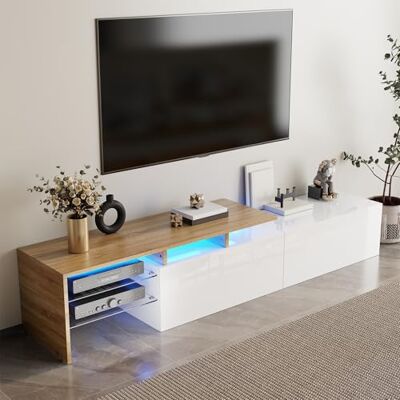 Merax Meuble TV 170 x 33 x 33,5 cm, aspect bois, étagères en verre et éclairage LED 16 couleurs, meuble bas avec grand espace de rangement pour appareils, livres et décoration, meuble TV pour salon - Publicité Merax Meuble TV 170 x 33 x 33,5 cm, aspect bois, étagères en verre et éclairage LED 16 couleurs, meuble bas avec grand espace de rangement pour appareils, livres et décoration, meuble TV pour salon - Publicité