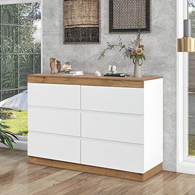Merax Table de Chevet Blanche avec 6 tiroirs, Fonction de Rangement, Commode de Chevet en Bois, Fournir Un Grand Espace de Rangement, Panneau de Particules E1, 110 x 67,3 x 40 cm (l x H x P) - Publicité Merax Table de Chevet Blanche avec 6 tiroirs, Fonction de Rangement, Commode de Chevet en Bois, Fournir Un Grand Espace de Rangement, Panneau de Particules E1, 110 x 67,3 x 40 cm (l x H x P) - Publicité