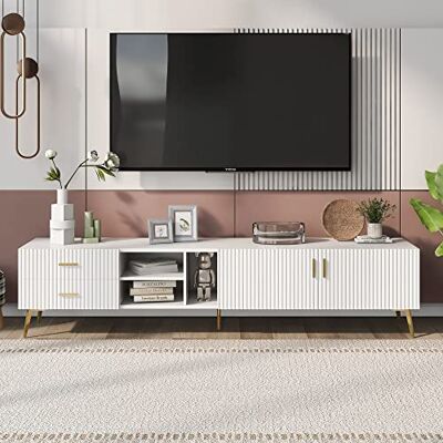 Merax Meuble TV bas pour TV de 75 pouces avec 2 casiers, 2 tiroirs et 3 étagères ouvertes, buffet TV moderne, pour salon et salle à manger, blanc, 180 x 35 x 44 cm - Publicité Merax Meuble TV bas pour TV de 75 pouces avec 2 casiers, 2 tiroirs et 3 étagères ouvertes, buffet TV moderne, pour salon et salle à manger, blanc, 180 x 35 x 44 cm - Publicité