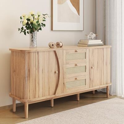 Merax Buffet 140,5 x 40 x 76 cm, en rotin, avec portes coulissantes, étagères réglables, plateau arrondi, espace de rangement élégant pour salon, salle à manger et couloir, couleur bois - Publicité Merax Buffet 140,5 x 40 x 76 cm, en rotin, avec portes coulissantes, étagères réglables, plateau arrondi, espace de rangement élégant pour salon, salle à manger et couloir, couleur bois - Publicité