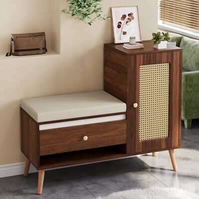 Merax Armoire à chaussures 95,5 x 35 x 80,5 cm, avec banc, porte-manteau avec tiroirs et compartiments ouverts, étagères réglables, pieds en bois massif, couleur bois foncé - Publicité Merax Armoire à chaussures 95,5 x 35 x 80,5 cm, avec banc, porte-manteau avec tiroirs et compartiments ouverts, étagères réglables, pieds en bois massif, couleur bois foncé - Publicité