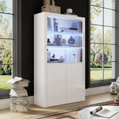 Merax Vitrine avec éclairage LED, meuble haut brillant blanc avec 2 portes et 2 étagères en verre, bibliothèque, placard de cuisine, meuble debout, placard polyvalent pour salon, chambre à coucher - Publicité Merax Vitrine avec éclairage LED, meuble haut brillant blanc avec 2 portes et 2 étagères en verre, bibliothèque, placard de cuisine, meuble debout, placard polyvalent pour salon, chambre à coucher - Publicité
